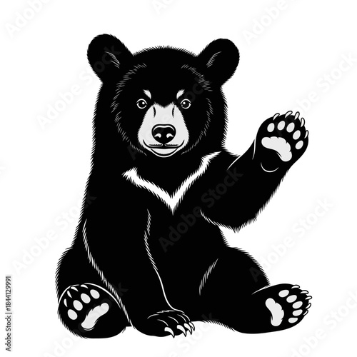 Charming black bear cub illustration with a playful wave and endearing expression