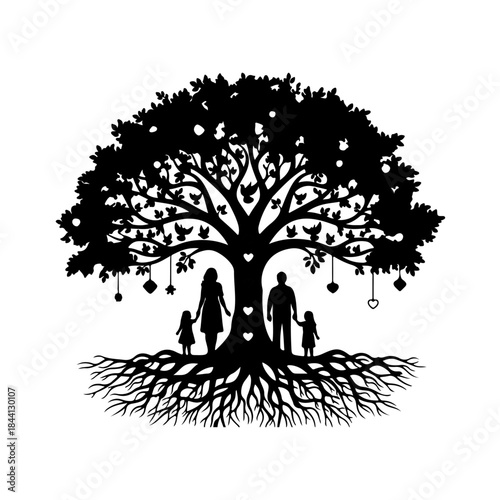 A beautiful silhouette illustration of a family standing under the tree of life isolated on transparent background