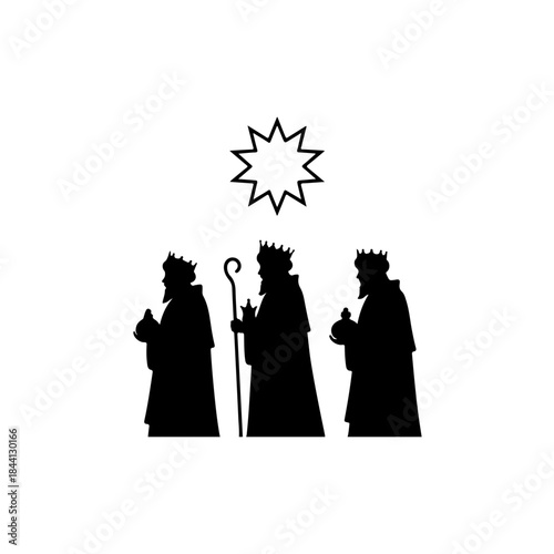 Three wise men silhouette following the guiding star of bethlehem isolated on transparent background