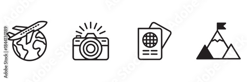 Travel and Tourism Line Icon Set - Airplane, Camera, Passport, and Mountain Adventure Outline Symbols for Vacation Design