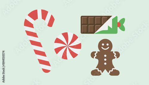 Festive Sweet Treats: A delightful arrangement of holiday treats, including a candy cane, a peppermint, chocolate and gingerbread man. A vibrant celebration of seasonal delights.