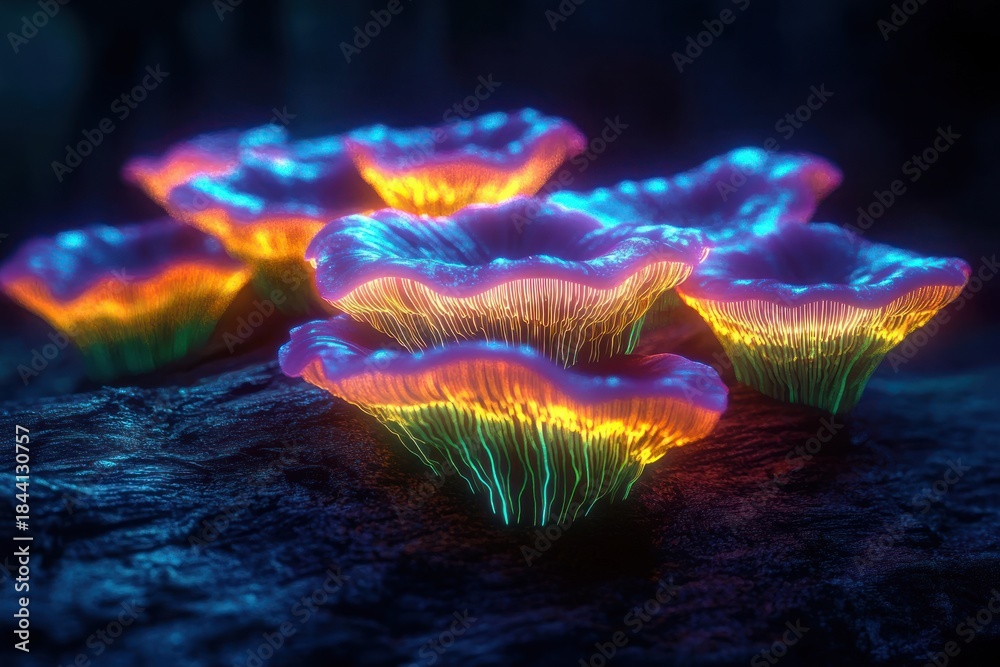 Fototapeta premium Glowing bioluminescent mushrooms with vibrant blue, orange, and green light emitting from their gills on a dark forest floor