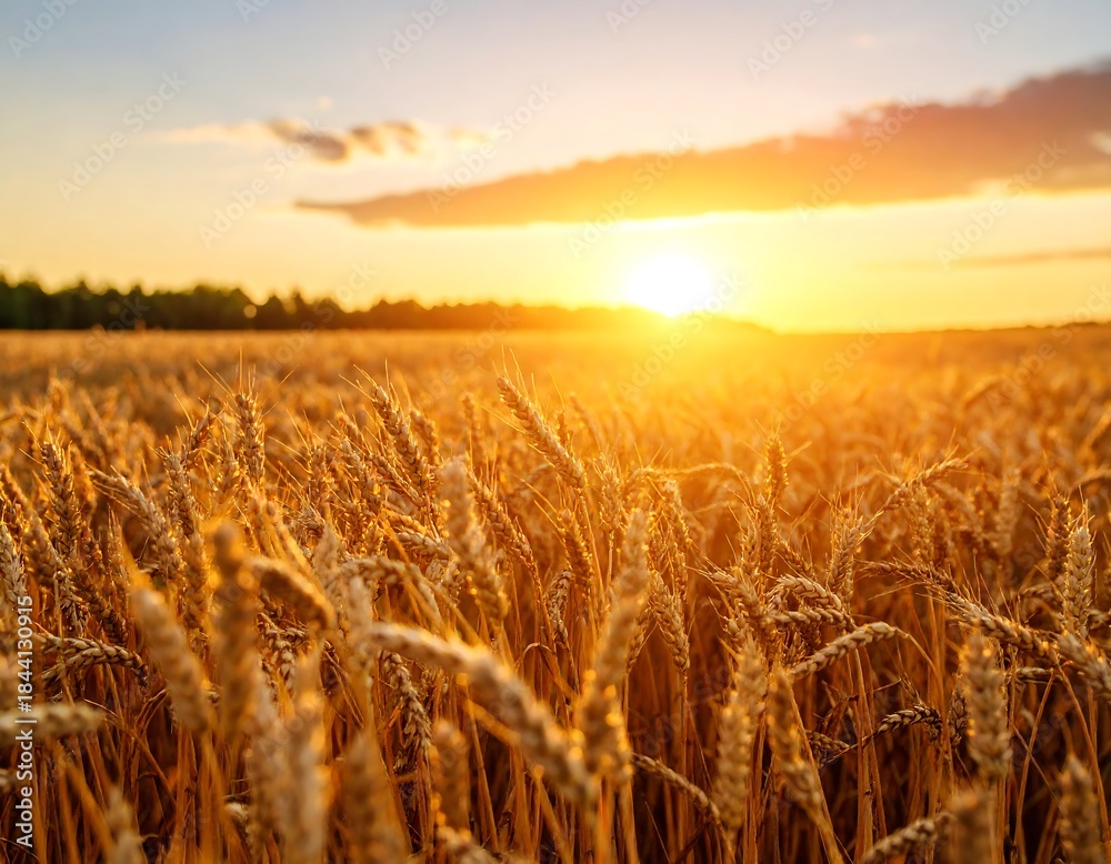 Obraz premium A field of golden wheat bathed in the warm light of a setting sun. The sky displays a vibrant array of colors. The horizon has a dark treeline