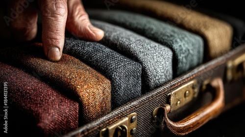 Hand Selecting Quality Fabric Samples from Vintage Suitcase Collection