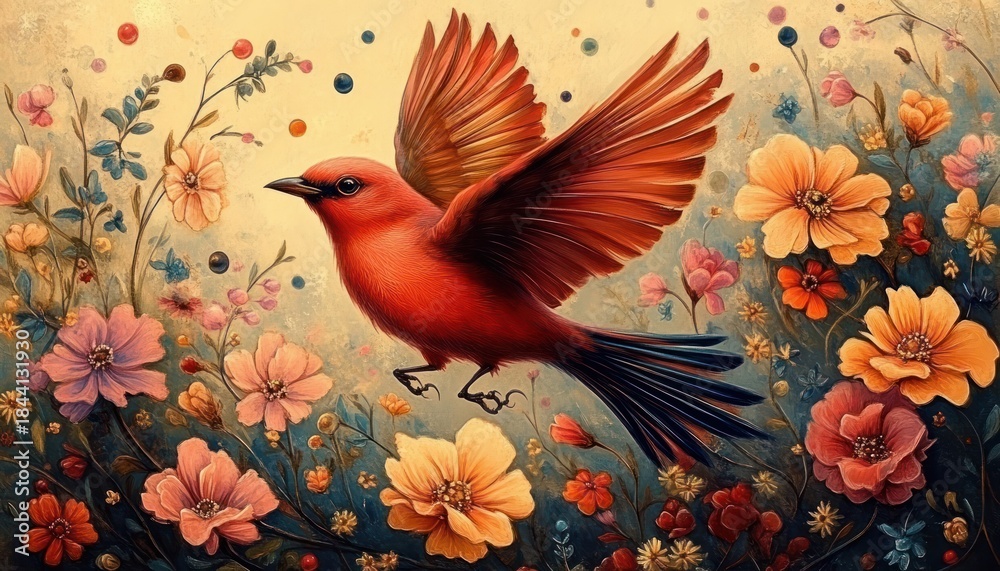 Fototapeta premium Bright red bird with wings spread flying above a colorful garden of blooming flowers in warm, vibrant tones