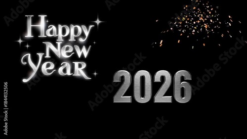 Happy New Year 2026 Animation with Fireworks on Black Background