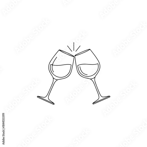 Simple line drawing of two wine glasses clinking together to celebrate isolated on transparent background