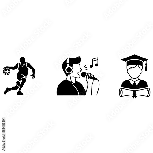 Icons showing basketball, music performance, and graduation representing different paths in life isolated on transparent background