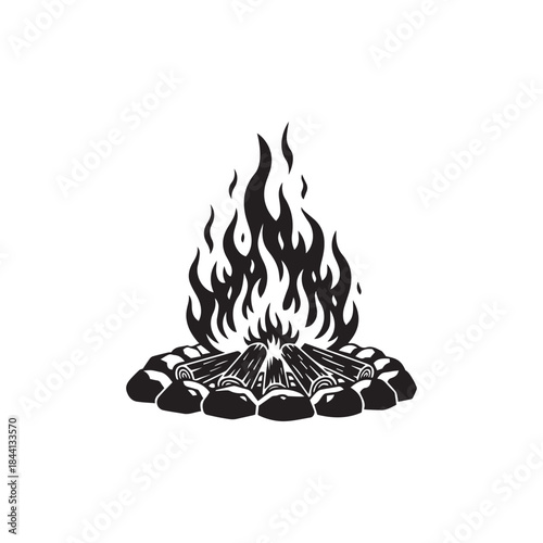 Vintage art illustration of a campfire burning brightly with flames and firewood