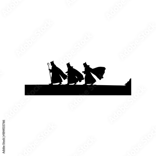 Silhouette of three figures on a journey, possibly representing the three wise men or shepherds isolated on transparent background