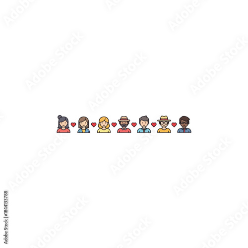 Diverse group of people icons linked by hearts, representing social connection and online dating isolated on transparent background
