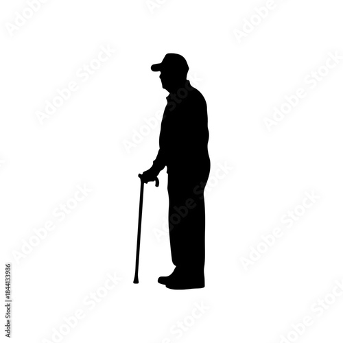 Silhouette of an elderly man with a walking stick against white background isolated on transparent background