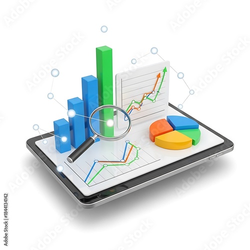 Stunning digital data analysis visualization with magnifying glass over tablet charts showing growth and success