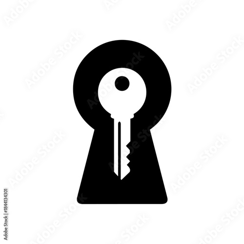 A black and white pictogram of a key inserted into a keyhole isolated on transparent background