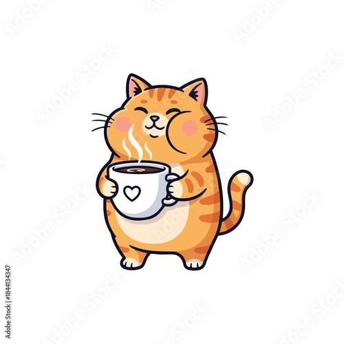 A cute orange cat smiling and holding a steaming hot coffee mug with a heart outline isolated on transparent background