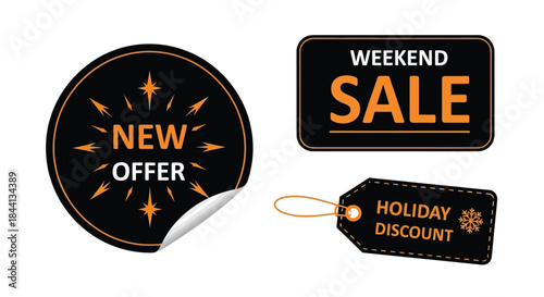 Black Stickers with Orange Text for Weekend Sale and Holiday Discount