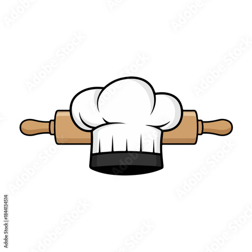 Cartoon graphic featuring a white chef's hat and a brown wooden rolling pin for baking isolated on transparent background