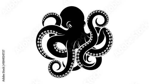 A striking black octopus silhouette with swirling tentacles and detailed suckers on a white background