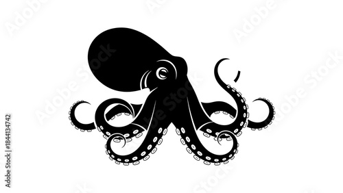 Stylized black silhouette illustration of an octopus on a white background