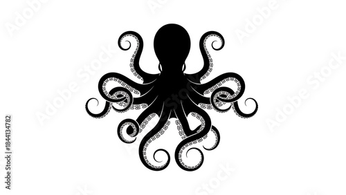 A stylized black silhouette of an octopus with tentacles curling in a symmetrical design