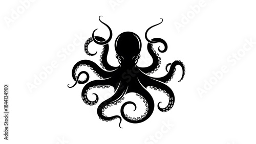 Stylized black silhouette vector illustration of an octopus with eight tentacles spreading out