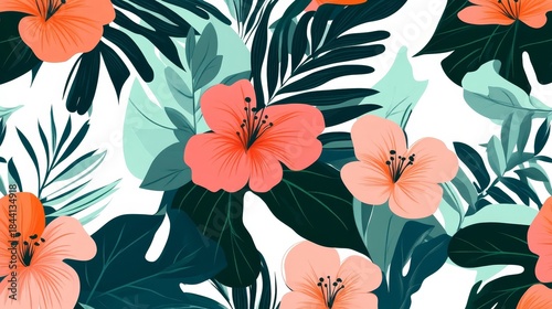 Vibrant tropical floral seamless pattern featuring exotic leaves and blooming flowers for fabric and wallpaper designs.