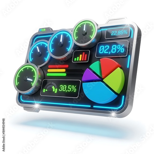 Stunning futuristic dashboard displaying vibrant data analytics with glowing neon gauges and performance metrics