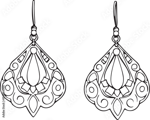 Big Earrings Jewelry Hand-drawn Sketch Drawing Vector Illustration, Line Linear Symbol Engraving Coloring Book, Black and White Isolated