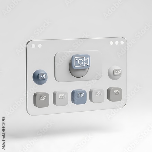 Stunning 3D interface elements showing modern video call controls and camera icons floating against white