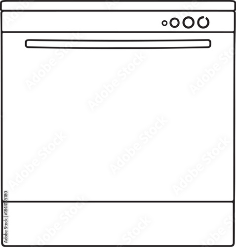 Dishwasher Kitchen Appliance Hand-drawn Sketch Drawing Vector Illustration, Line Linear Symbol Engraving Coloring Book, Black and White Isolated