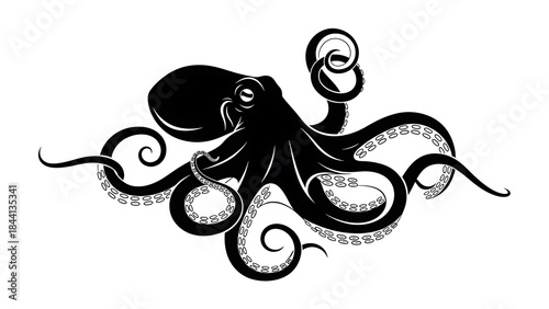 A captivating and intricate black silhouette design of an octopus with dynamically swirling tentacles.