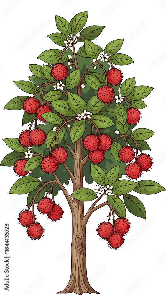 Obraz premium Illustration of a rambutan tree with hairy red fruit
