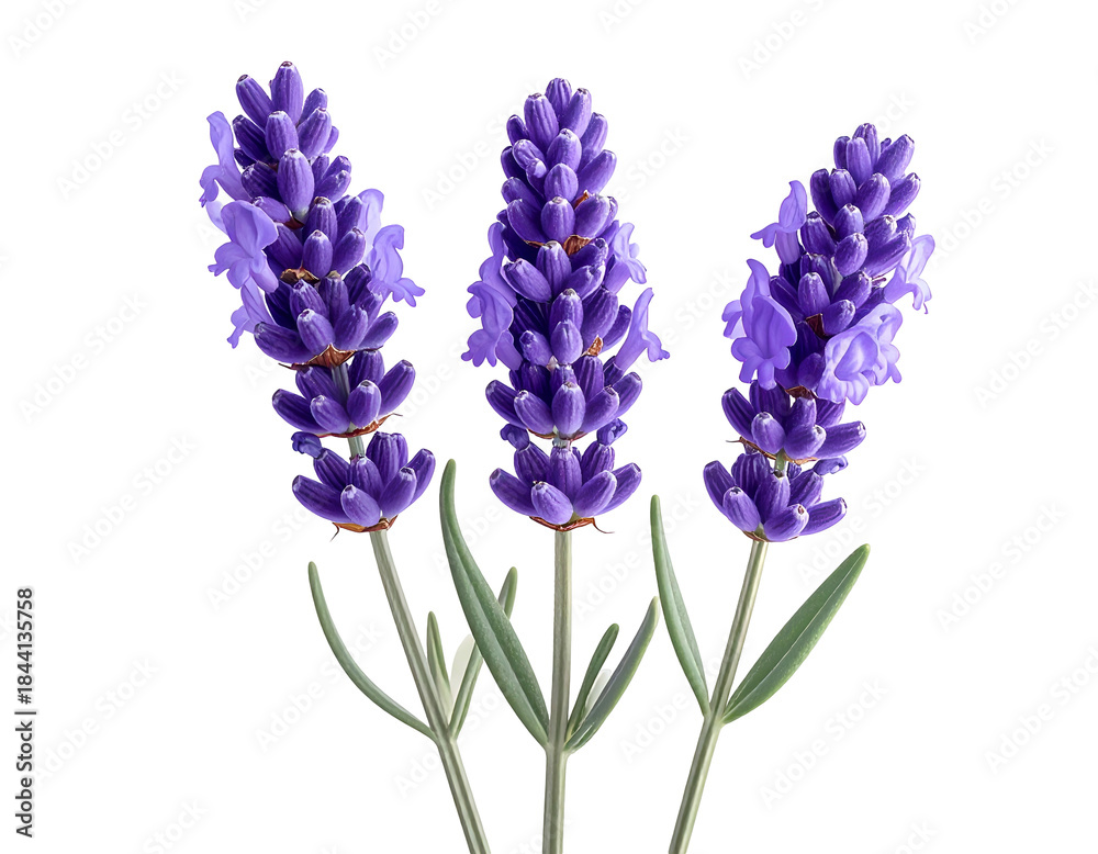 Obraz premium Three detailed, vibrant purple lavender stalks with green leaves