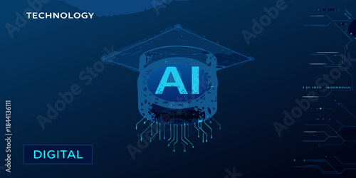 Artificial intelligence graduation cap with digital circuits and technological background