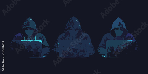 Three hooded figures illuminated by laptop screens in a dark digital scene