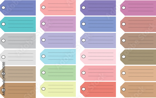 A colorful collection of twenty four blank pastel gift tags with dotted lines and holes