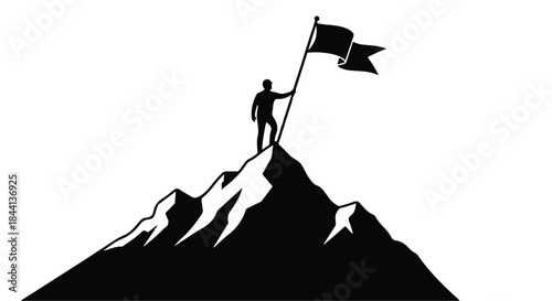 Silhouette of a determined person standing triumphantly on a mountain peak, holding a flag.