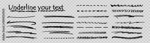 Black underline line kit featuring chalk, pencil, watercolor brush and crayon stroke doodle effect with color texture ideal for hand drawn blackboard inspired bundle layouts. Like transparent png bg