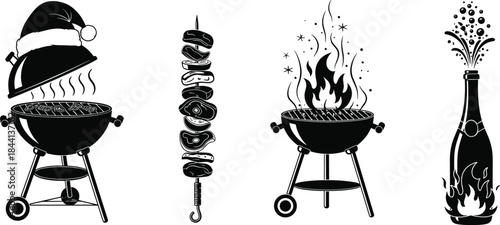 Black and white barbecue, shish kebab, grill with flame, and celebratory champagne bottle vector icon set for party.