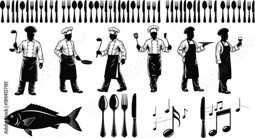 Chef silhouettes in various poses with cooking tools, featuring cutlery borders, fish, and music notes vector illustration set.