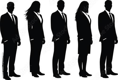 Group of Five Professional Business People Silhouettes in Suits, Corporate Men and Women Prof