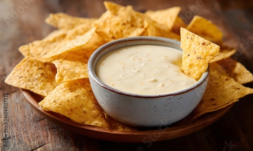 Obraz na płótnie delicious looking chip dipping into white queso sauce,