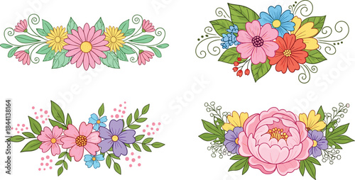 Colorful floral bouquet illustration set with daisies, peonies, blossoms and decorative leaves for wedding invitations, greeting cards and elegant botanical design
