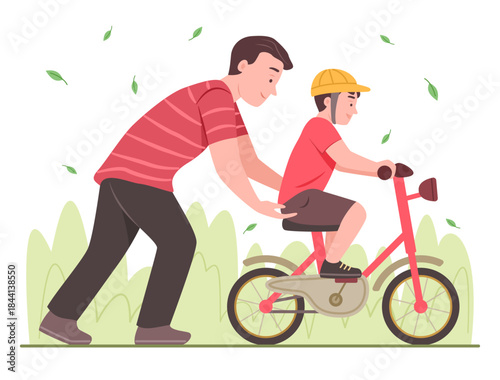 father helping son ride red bicycle clip art preview