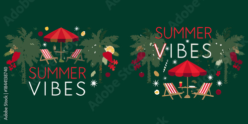 Summer vibes illustration with beach chairs palm trees and tropical elements