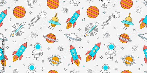Cartoon space pattern with rockets planets astronauts and stars on white background