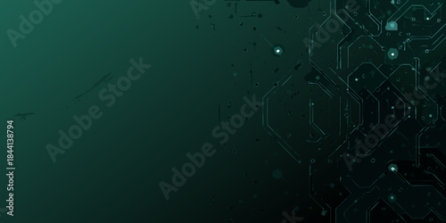 Dark green circuit board technology background with glowing elements