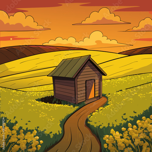 Rustic wooden shed sits in a vibrant field at sunset