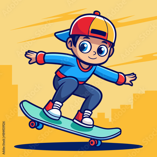 Cartoon boy in a red and yellow cap skateboarding with a smile