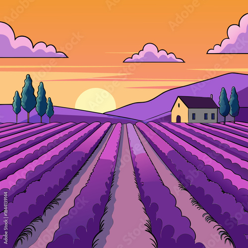 Idyllic lavender field at sunset with a charming house and cypress trees